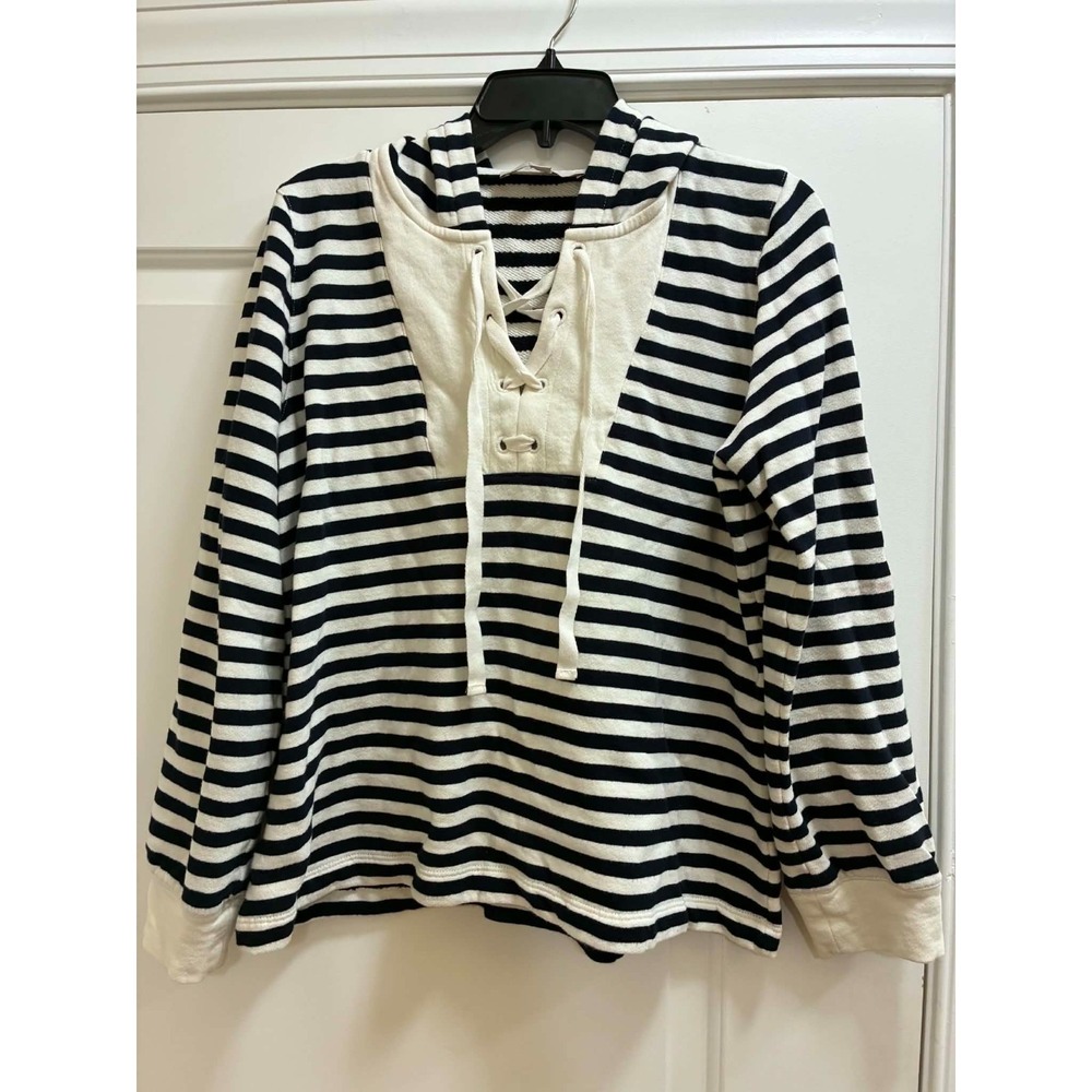 LOFT Womens Large Black White Striped Lace Up Funnel Neck‎ Pullover Sweater